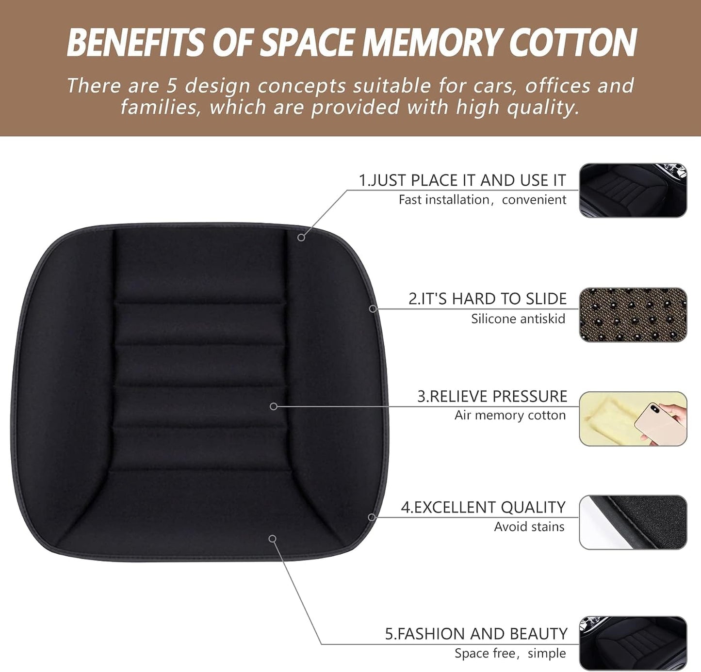 Car Seat Cushion Pad 1.2" Thick Comfort Seat Protector for Car Driver Seat Office Chair Home Use Memory Foam Seat Cushion with Non Slip Bottom, 20'' x 18.5'', Black