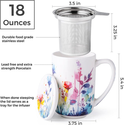 AmorArc Tea Cup With Infuser and Lid, 18oz Loose Leaf Tea Mug With Steeper | Porcelain Tea Mug With Infuser and Lid, Large Strainer Tea Cup with Lid for Tea, Coffee Mug for House-warming Birthday Gift
