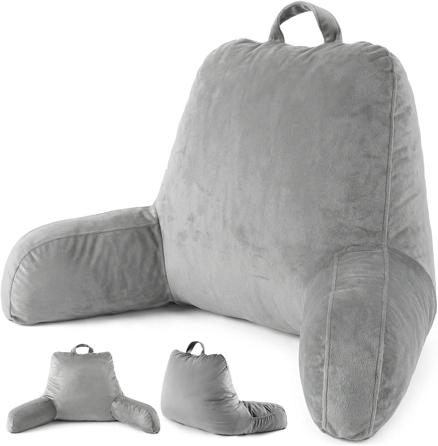 ACH Reading Pillow with Arms for Adults - Adjustable Memory Foam Bed Rest Pillow, Lumbar & Neck Back Support, Soft Velvet Cover Machine Washable, Deep Side Pocket & Carry Handle, Grey