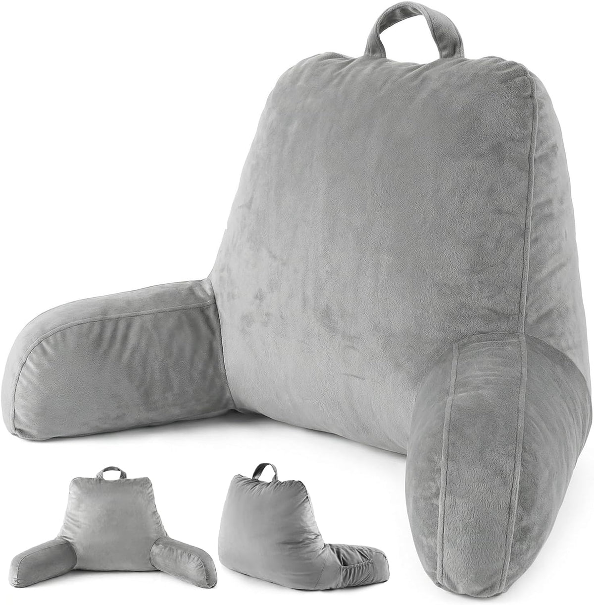 ACH Reading Pillow with Arms for Adults - Adjustable Memory Foam Bed Rest Pillow, Lumbar & Neck Back Support, Soft Velvet Cover Machine Washable, Deep Side Pocket & Carry Handle, Grey