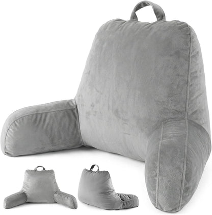 ACH Reading Pillow with Arms for Adults - Adjustable Memory Foam Bed Rest Pillow, Lumbar & Neck Back Support, Soft Velvet Cover Machine Washable, Deep Side Pocket & Carry Handle, Grey
