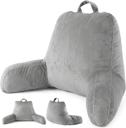 ACH Reading Pillow with Arms for Adults - Adjustable Memory Foam Bed Rest Pillow, Lumbar & Neck Back Support, Soft Velvet Cover Machine Washable, Deep Side Pocket & Carry Handle, Grey