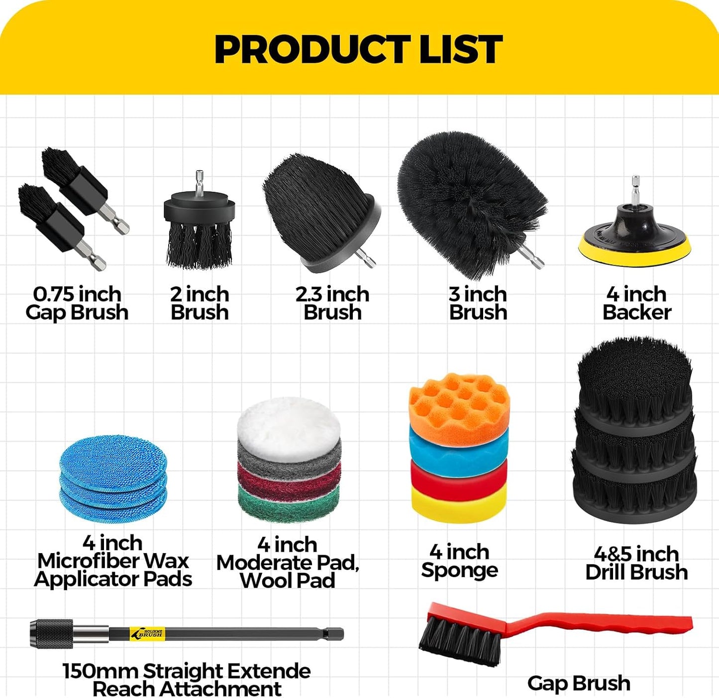 Holikme 22Pack Drill Brush Attachments Set,Scrub Pads & Sponge, Buffing Pads,Power Scrubber Brush,Car Polishing Pad Kit,Wax Applicator Pad,Car Cleaning Kit,Masonry Brushes,Cleaning Supplies | Buffing Sponges, Nylon Grout Tools, Microfiber Wax Pads, Tile