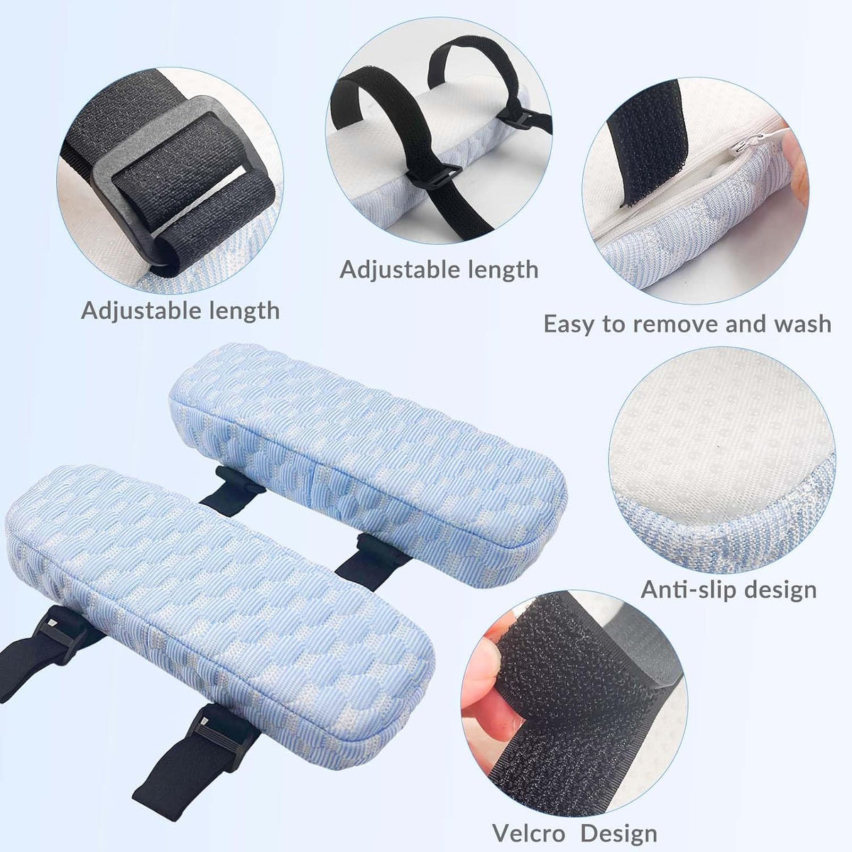 Daily Treasures 2Pcs Blue Cooling Fiber Fabric Chair Arm Rest Pads,Armrest Pads with Memory Foam and Cooling Gel Layer,Anti Slip,Adjustable Length and Removable Washable Arm Rest Pads for Office Chair