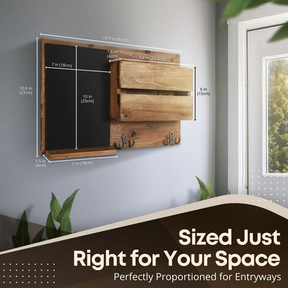 Flexzion Chalkboard Key Holder Wall Mount, Mail Organizer with Wood Shelf | Rustic Wood Entryway Message Center with Double Hooks and Mail Slot for Letters, Notes, Wallets and Daily Essentials