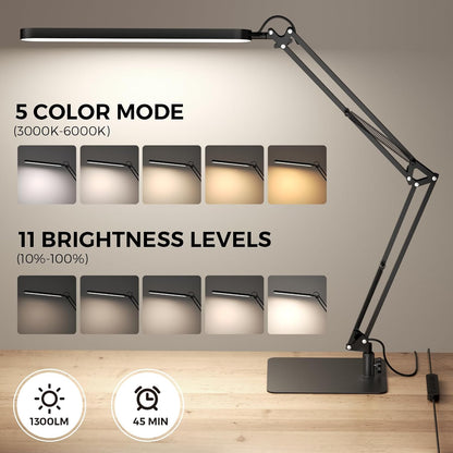 SKYLEO Desk Lamp for Home Office, Eye Comfortable LED Desk Light for Long Hours, Adjustable Swing Arm with Memory Function, Black