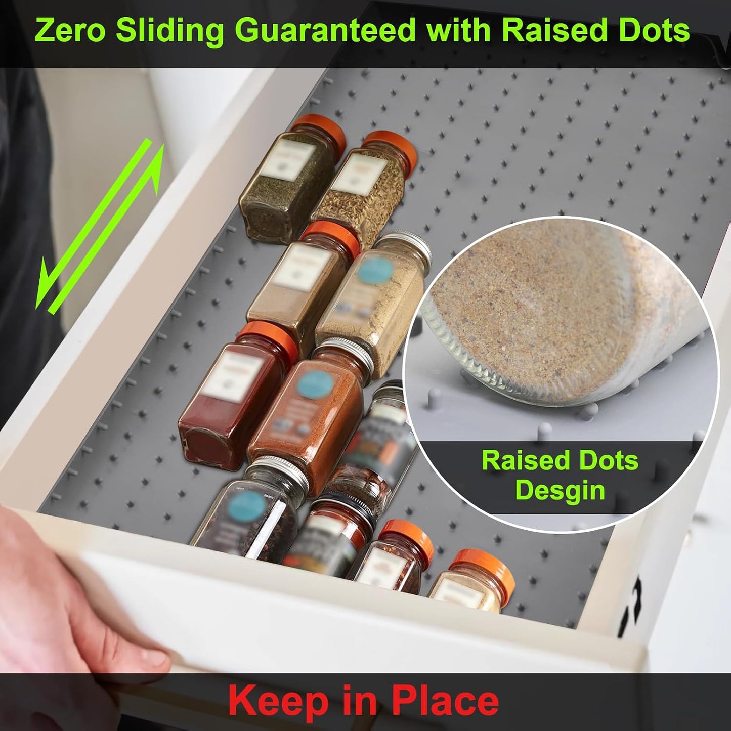 Spice Drawer Organizer Insert - Silicone Spice Drawer Liner Pearl | Adjustable non-slip liner organizer; in-drawer spice rack for seasoning jars, spice bottles, flat kitchen drawer organizer