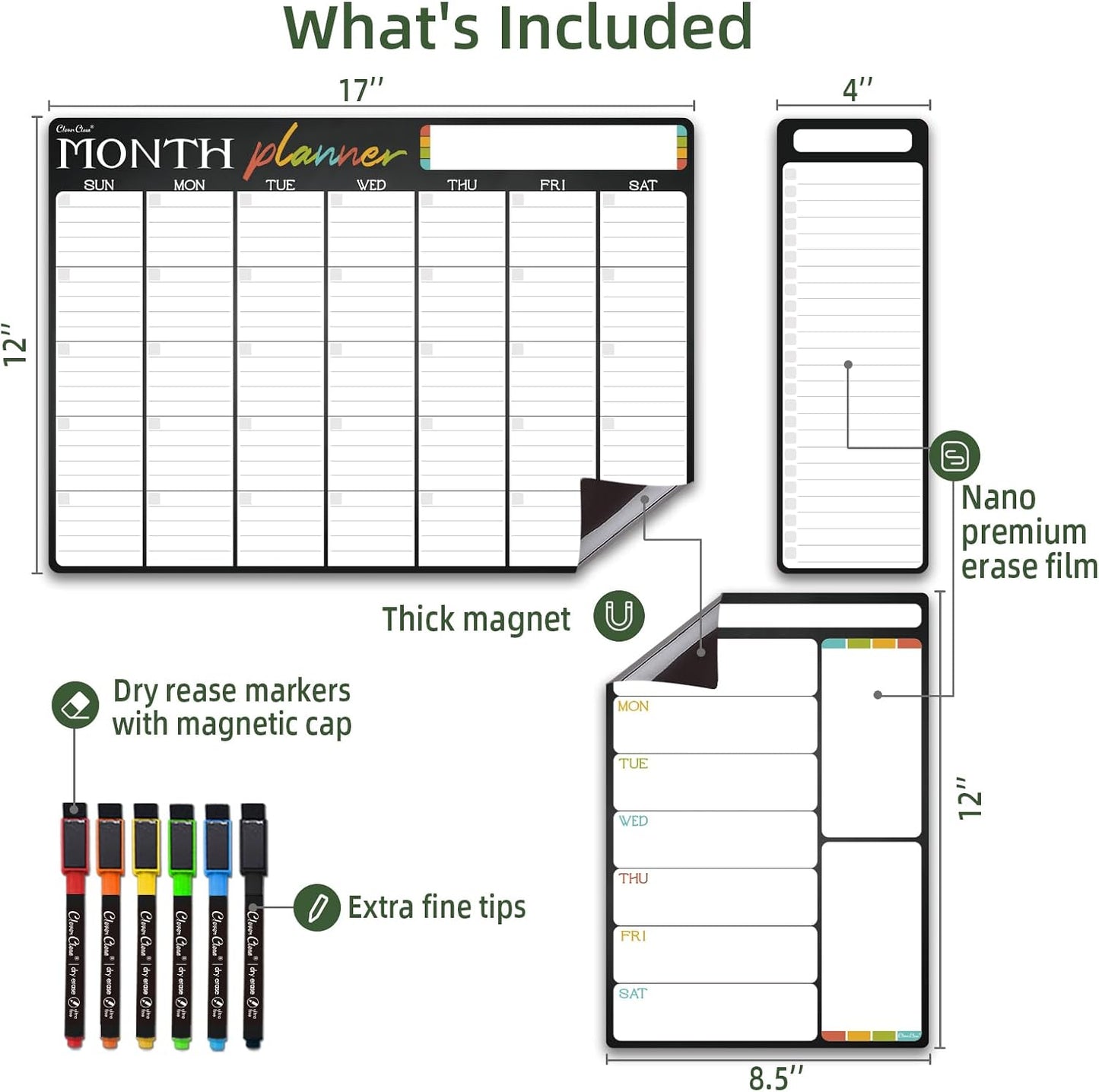 Magnetic Dry Erase Monthly Calendar Set - 15.5"x13" Monthly and 8.5"x13" Weekly Calendar for Fridge - 6 Extra Fine Point Markers Included - Shipped Flat