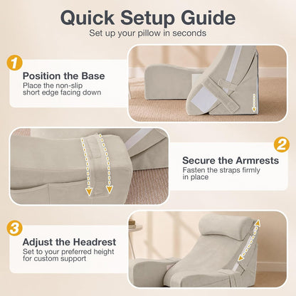 Sasttie 15-25 inch Adjustable Reading Pillow with Armrests, Dark Grey | Back Rest Pillow with Secure Side Straps, Memory Foam Back Support Cushion Bed Chair for Reading, Gaming & Relaxing