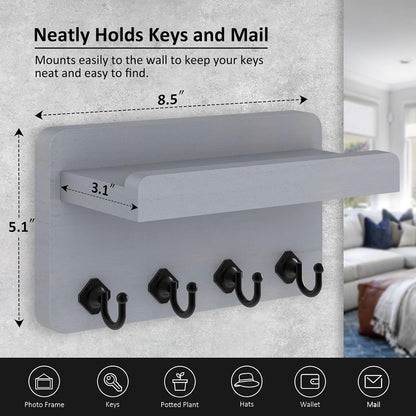 Nekon Key Holder Wall Mount, 8.5 Inch Small Wooden Wall Organizer, Black | Rustic Wall Shelf, Farmhouse Key and Mail Holder for Living Room Entryway Kitchen