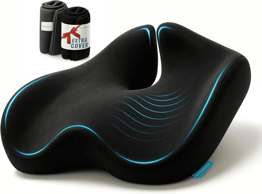 Pressure Relief Seat Cushion for Tailbone Pain, Sciatica & Coccyx Pillow | Extra Large Office Chair Cushion for Healthy Sitting Posture, Sciatica Pain Relief Pillow With Extra Cover (Black)