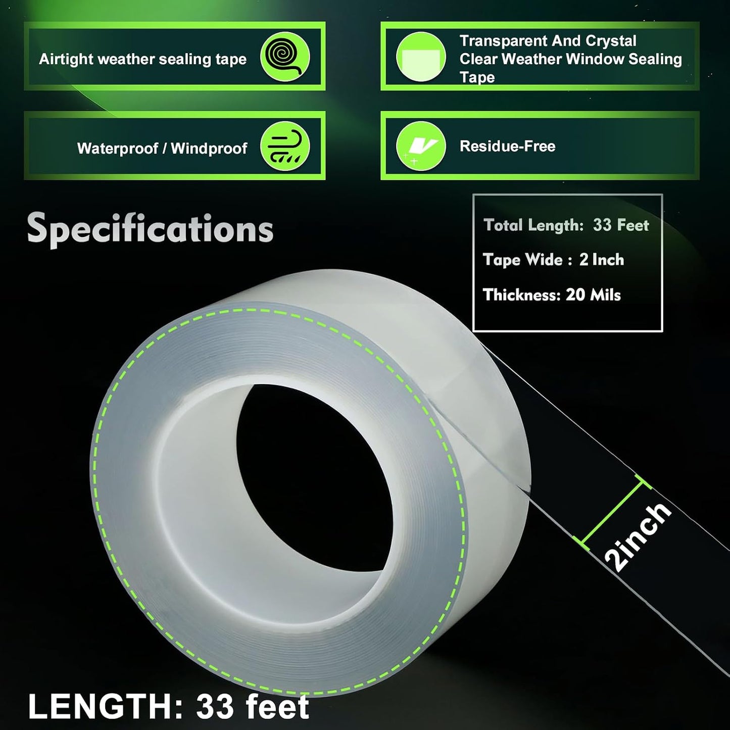 Qoqooice Transparent Window Weather Sealing Tape 2 Inch x 33 FT Weather Stripping Residue-Free Clear Window Insulation Tape for Doors Windows and Shower Glass Gaps