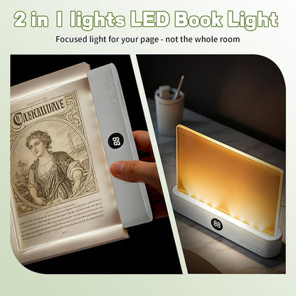 Book Light, Rechargeable Clear LED Flat Book Lights with 3 Colors & Timer | USB Rechargeable Reading Light, Dimmable Panel Plate Lamp Book Full Page Light, Funny Gifts for Readers Kids Women Men(White)
