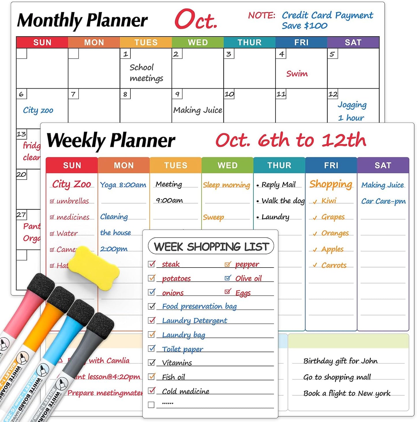 Dry Erase Magnetic Calendar for Refrigerator, 3 Pack- Monthly & Weekly & Daily Planner Magnet Whiteboard for Fridge Wall Door - Shopping, Meal/Menu, To Do List, Family Schedule Planning Board, 14"x11"