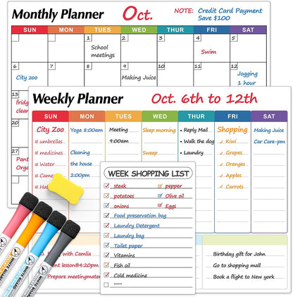 Dry Erase Magnetic Calendar for Refrigerator, 3 Pack- Monthly & Weekly & Daily Planner Magnet Whiteboard for Fridge Wall Door - Shopping, Meal/Menu, To Do List, Family Schedule Planning Board, 14"x11"