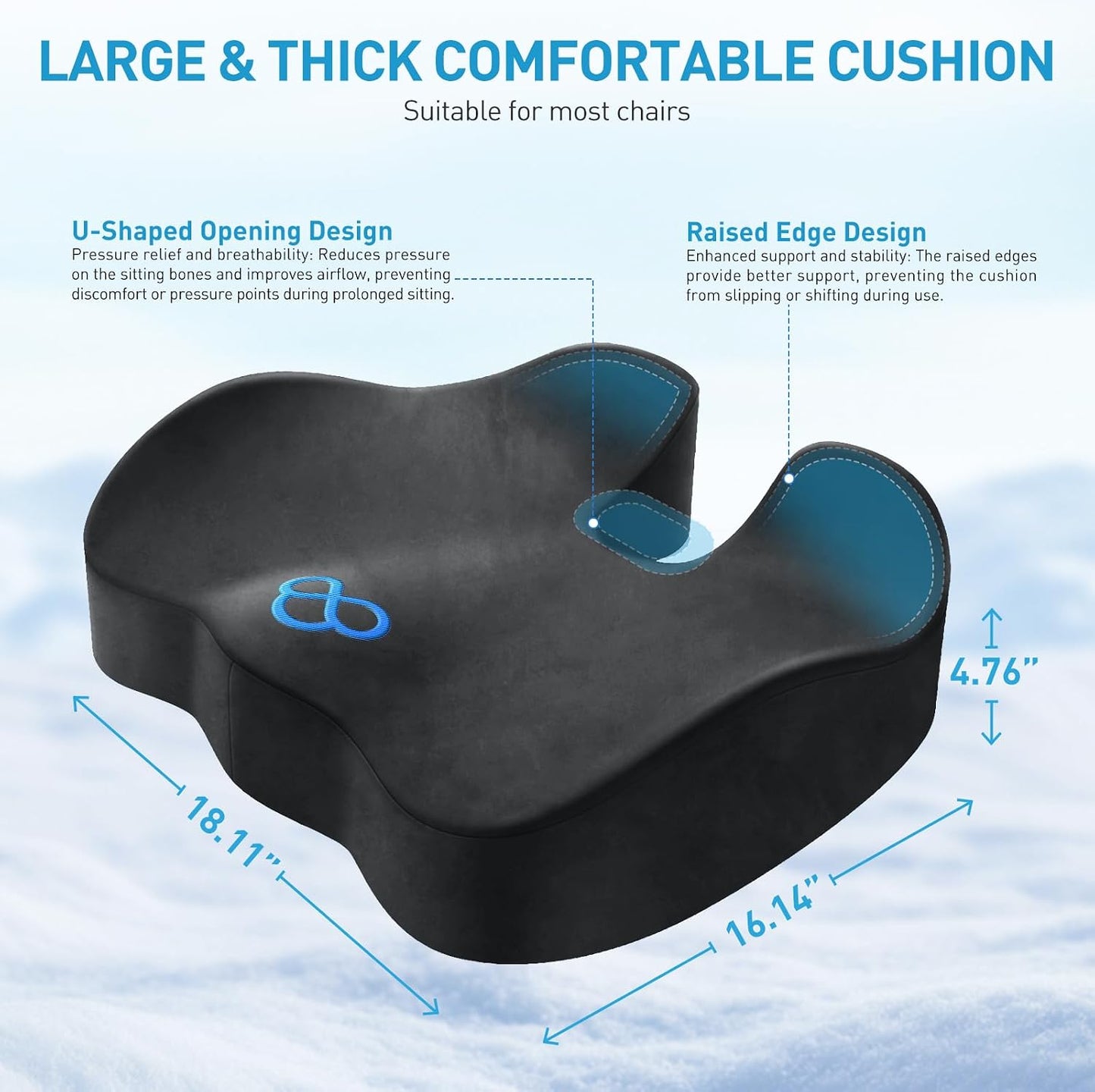 BlissTrends Memory Foam Seat Cushion for Office Chair & Car Seat, Black | 4.7in Ergonomic Tailbone & Sciatica Support with Removable Velvet Cover for Pressure Relief and Long Sitting Comfort