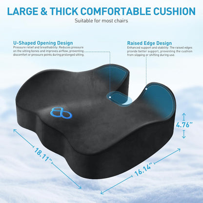 BlissTrends Memory Foam Seat Cushion for Office Chair & Car Seat, Black | 4.7in Ergonomic Tailbone & Sciatica Support with Removable Velvet Cover for Pressure Relief and Long Sitting Comfort