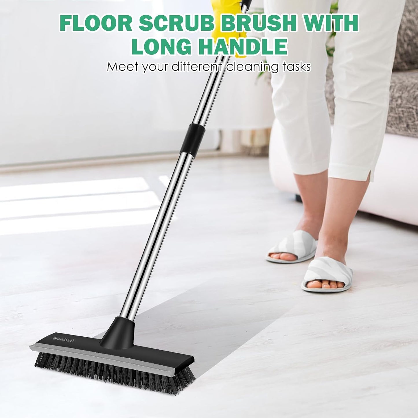 SetSail Floor Scrub Brush with 51-Inch Long Adjustable Handle 2 in 1 Scrape Brush Stiff Bristle Floor Scrubber for Cleaning Shower Bathroom Garage Kitchen Wall Deck Tub Tile | 2 in 1 Scrape Brush Stiff Bristle Floor Scrubber for Cleaning Shower Bathroom