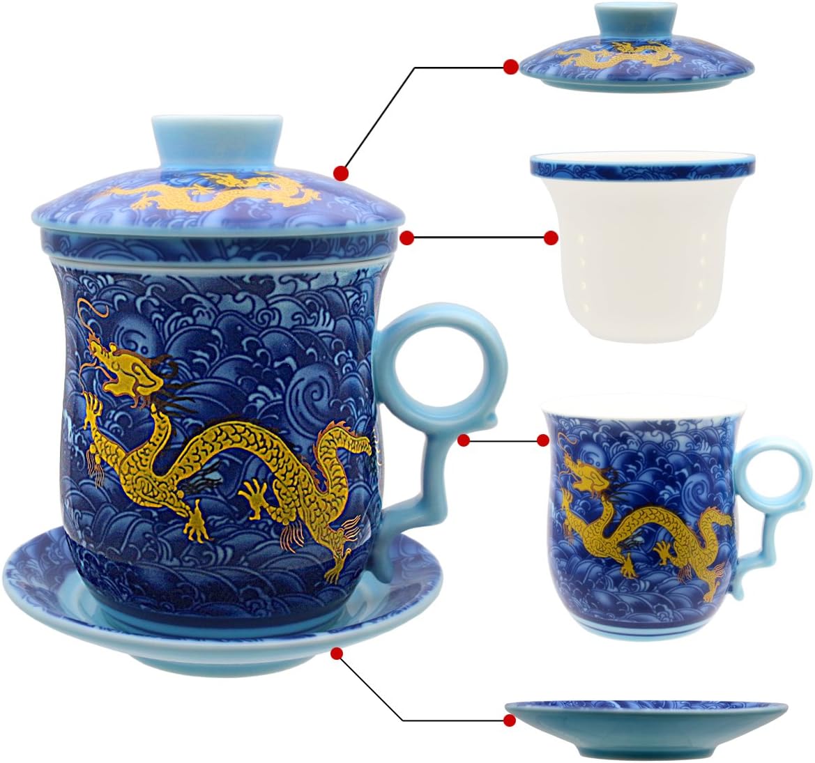 Porcelain Tea Cup with Infuser Lid and Saucer Sets - Chinese Jingdezhen Ceramics Coffee Mug Teacup Loose Leaf Tea Brewing System for Home Office