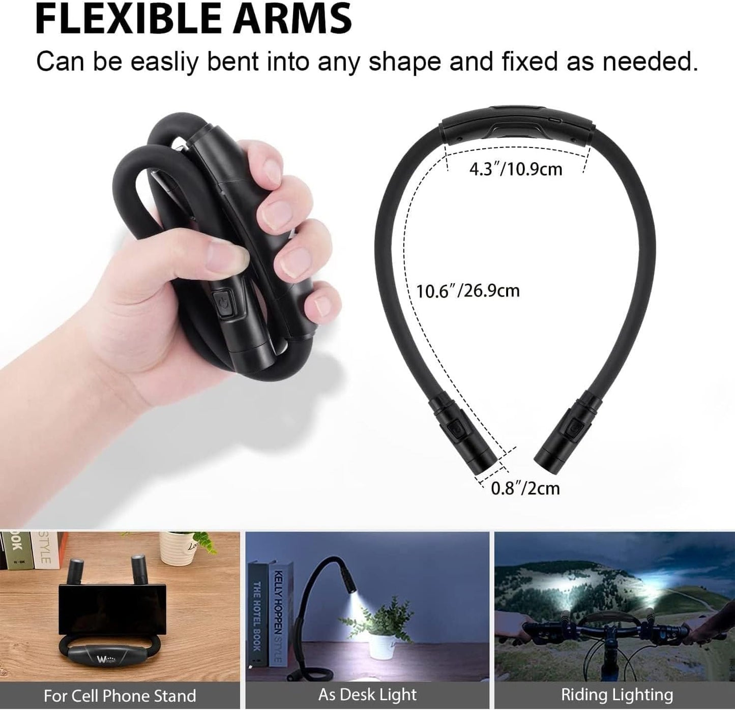 Rechargeable Hands-Free Neck Light with 3 Adjustable Color Modes, Black | Stepless Dimming, Flicker-Free Eye Protection, Flexible & Bendable, Long Battery Runtime, Protable Lightweight