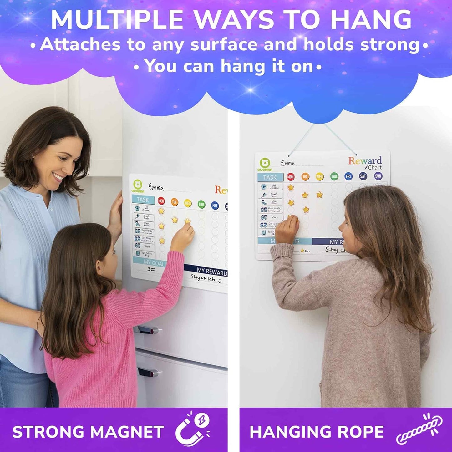 Magnetic Chore Chart for Kids - Reward Behavior Chart for Kids at Home | Dry Erase Morning Routine Schedule Board - Responsibility Star Chart for Toddlers 3-5 - 48 Magnets and 49 Stars
