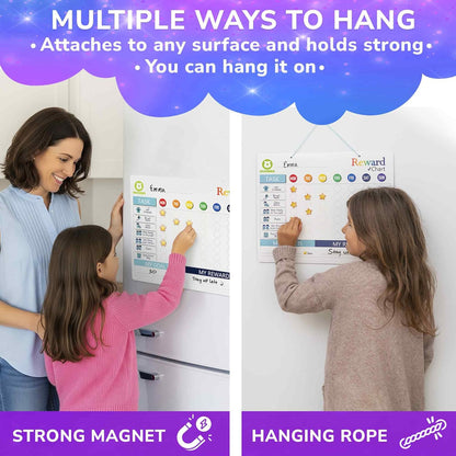 Magnetic Chore Chart for Kids - Reward Behavior Chart for Kids at Home | Dry Erase Morning Routine Schedule Board - Responsibility Star Chart for Toddlers 3-5 - 48 Magnets and 49 Stars