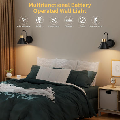 Frideko Rechargeable Wall Sconces Set of Two, 3 Color Dimmable Battery Operated Wall Lights with Remote, Black Wireless Wall Lamp with Timer, Indoor Sconce Lighting for Living Room Bedroom Picture