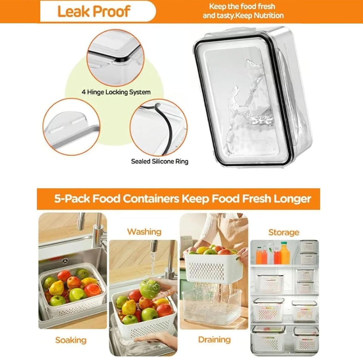 4 In 1 Food Storage Container, Fruit Storage Containers for Fridge, Household Transparent Plastic Food Storage Box-Including Drain Basket, Soak, Wash, Drain, and Store (Gray, S+M+L)