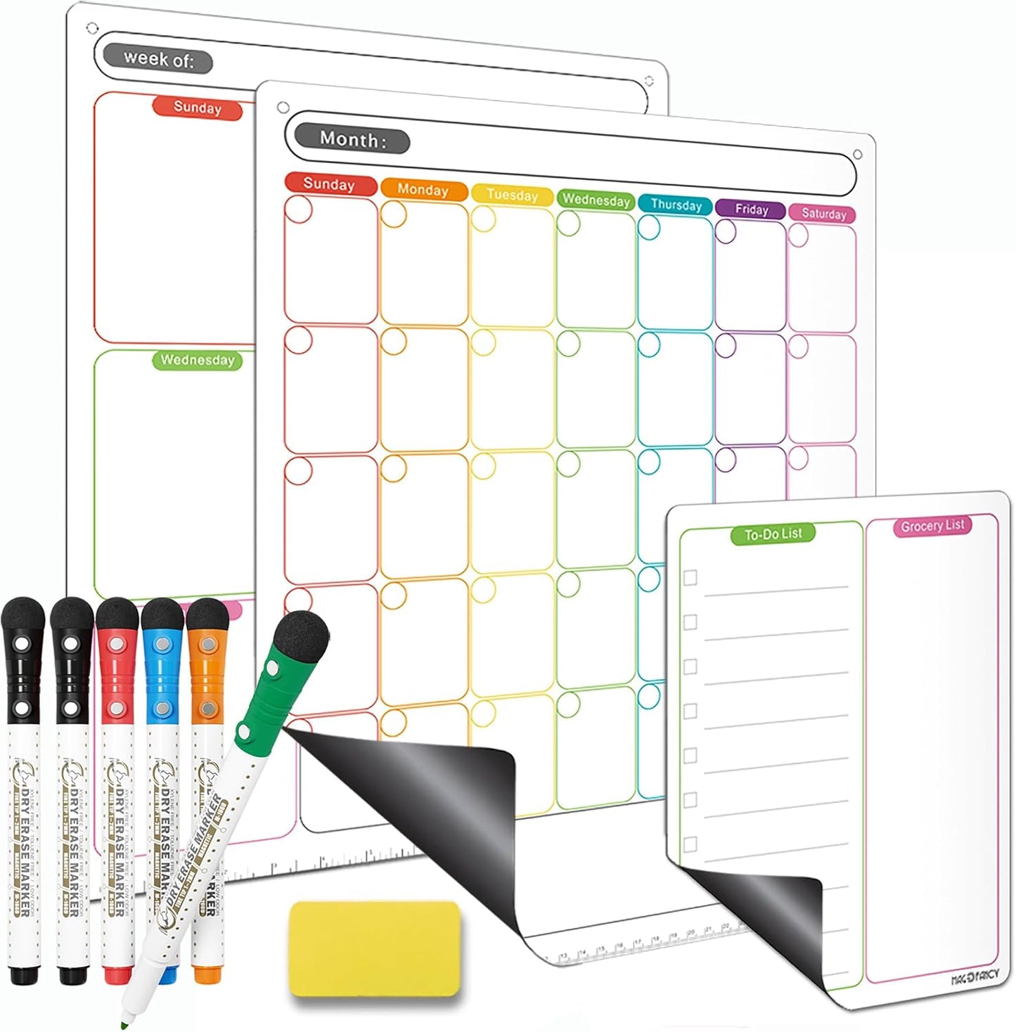 Magnetic Calendar for Fridge, Dry Erase Weekly Planner, 13" x 16.9" | Strong Magnetic Hold, Vertical Weekly Layout, Large Daily Spaces, Easy to Clean, Color-Coded, Dual-Magnet Markers & Eraser