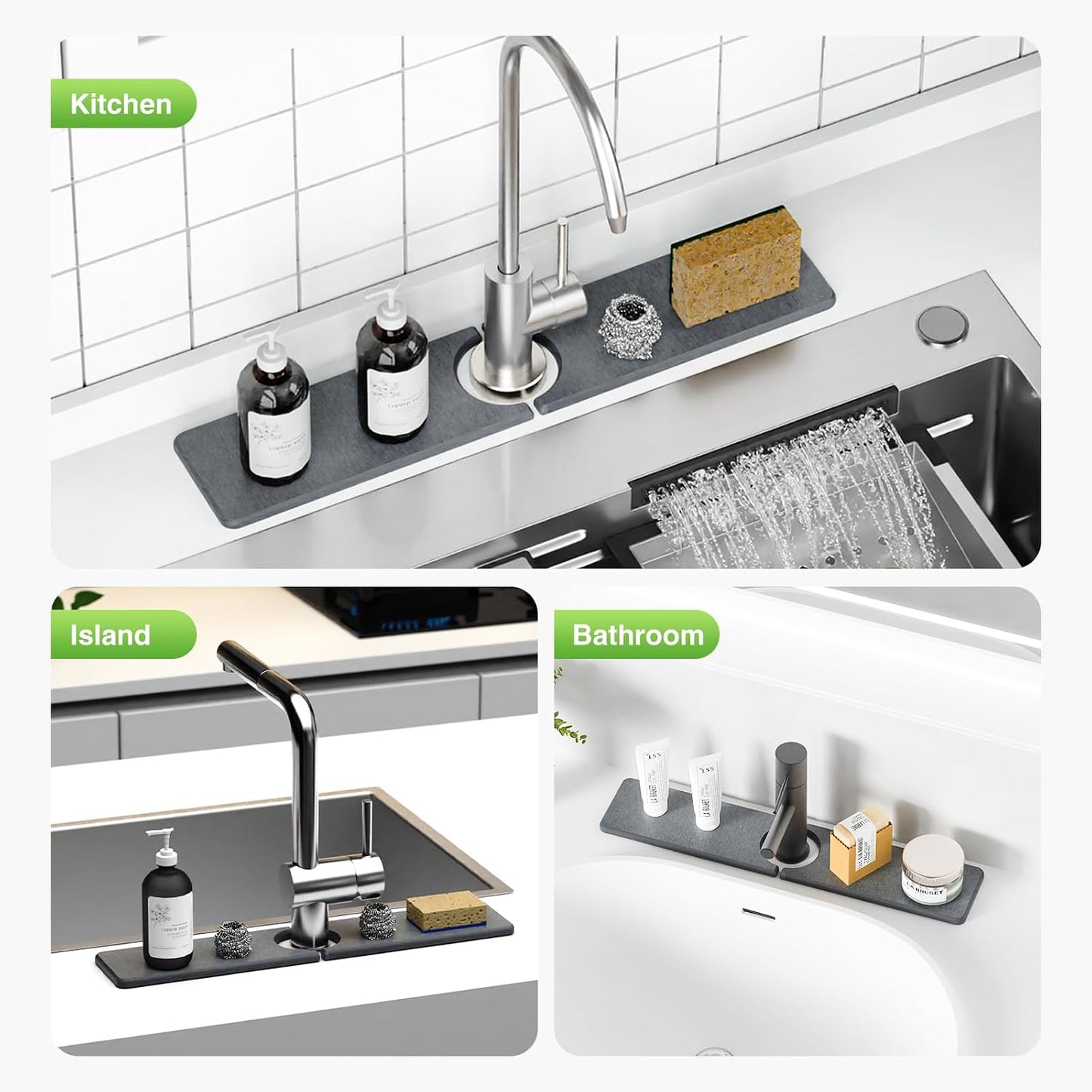 Premium Stone Faucet Mat for Kitchen Sink, 30" x 4" White | Quick Drying & Water Absorbent, Sink Splash Guard Tray for Prevents Moisture Buildup