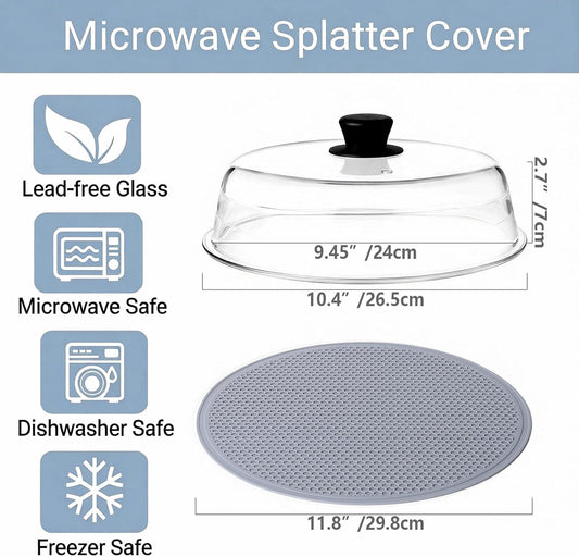 2-in-1 Glass Microwave Cover & Silicone Mat for Food, 10 Inch Borosilicate Microwave Splatter Cover with Silicone Handle & Dual Vents - BPA Free, Heat Resistant, Dishwasher Safe Splatter Guard