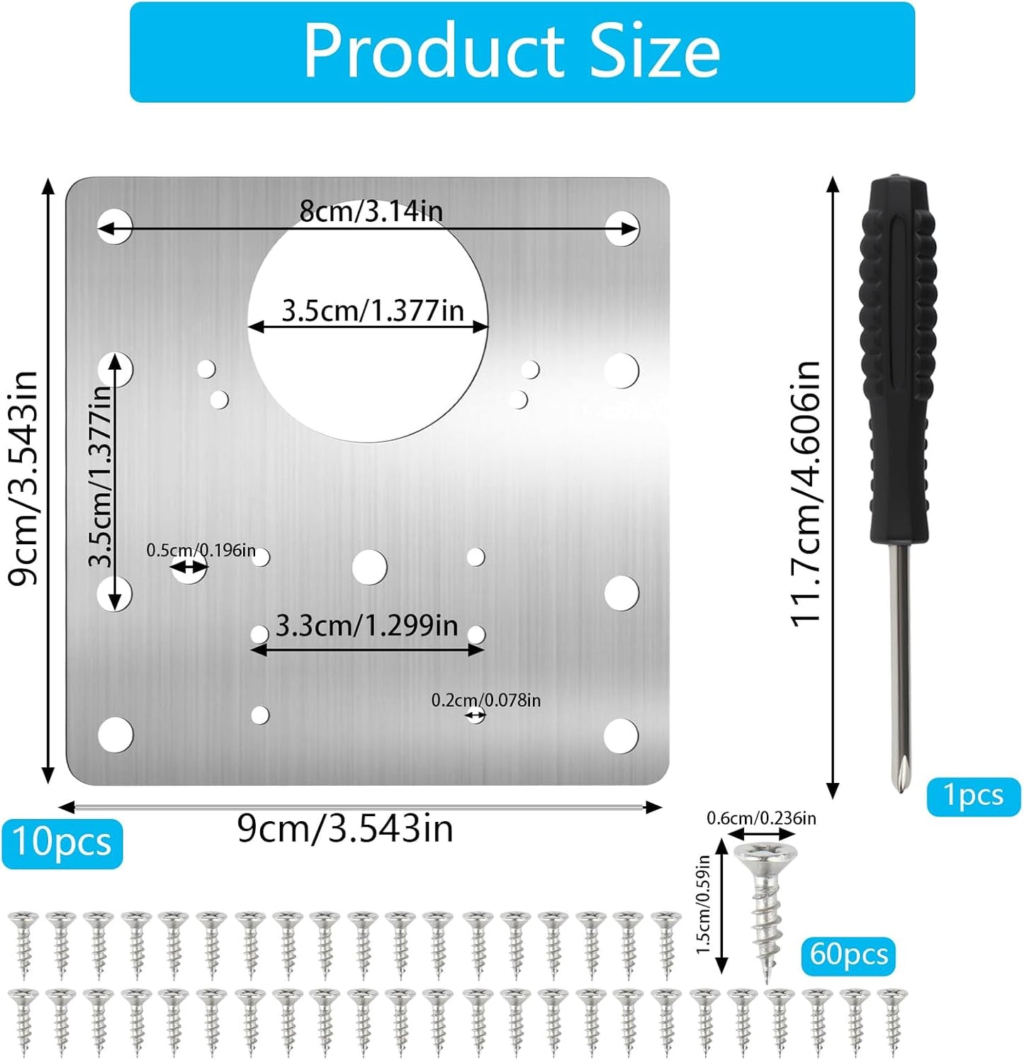 10 Pcs Cabinet Hinge Repair Plate Kit Stainless Steel 3.54" | Hinge Repair Boards for Cupboard, Furniture, Kitchen Doors. Easy Fix. Comes with 60 Screws & Screwdriver.
