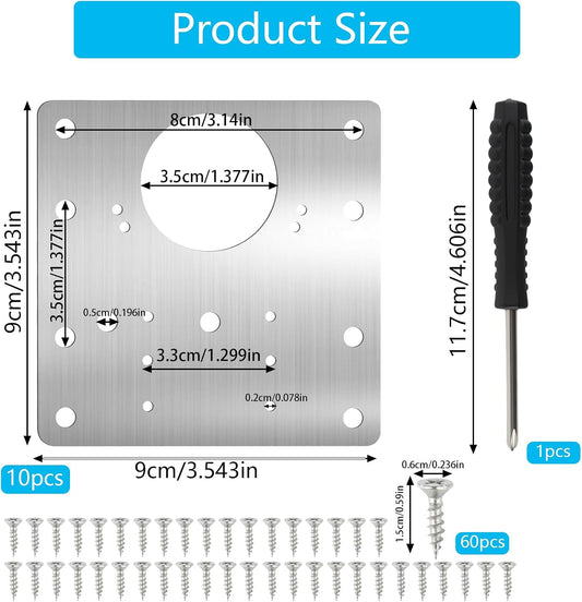 10 Pcs Cabinet Hinge Repair Plate Kit Stainless Steel 3.54" | Hinge Repair Boards for Cupboard, Furniture, Kitchen Doors. Easy Fix. Comes with 60 Screws & Screwdriver.