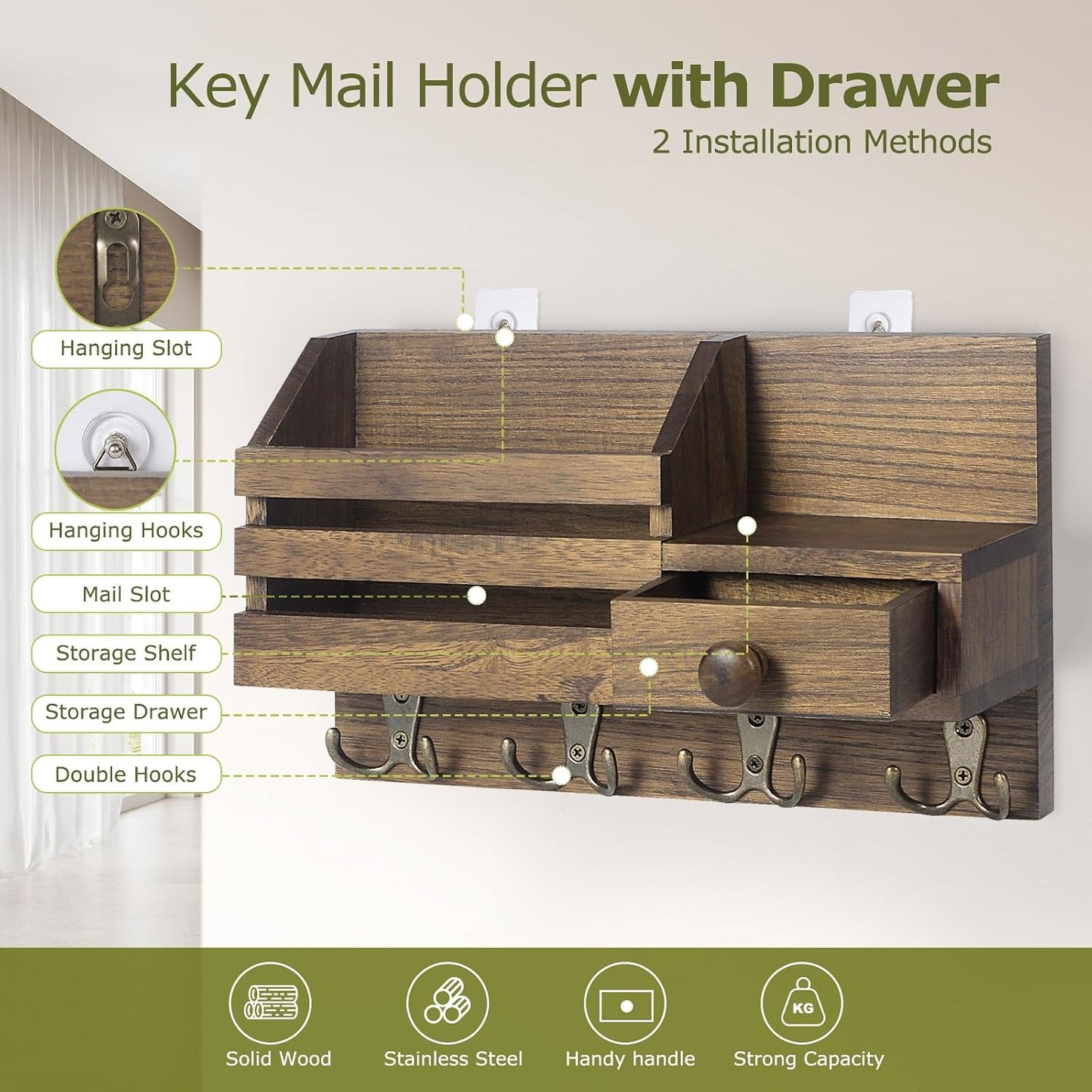 Key Holder Wall Mount, Wooden Key and Mail Organizer, Black | 2 Mount Options, Includes 8 Hooks, Fence Mail Slot, Small Drawer and Shelf, for Entryway, Hallway, Doorway, Living Room, RV