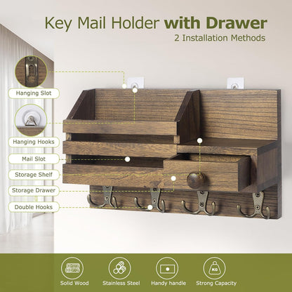 Key Holder Wall Mount, Wooden Key and Mail Organizer, Black | 2 Mount Options, Includes 8 Hooks, Fence Mail Slot, Small Drawer and Shelf, for Entryway, Hallway, Doorway, Living Room, RV