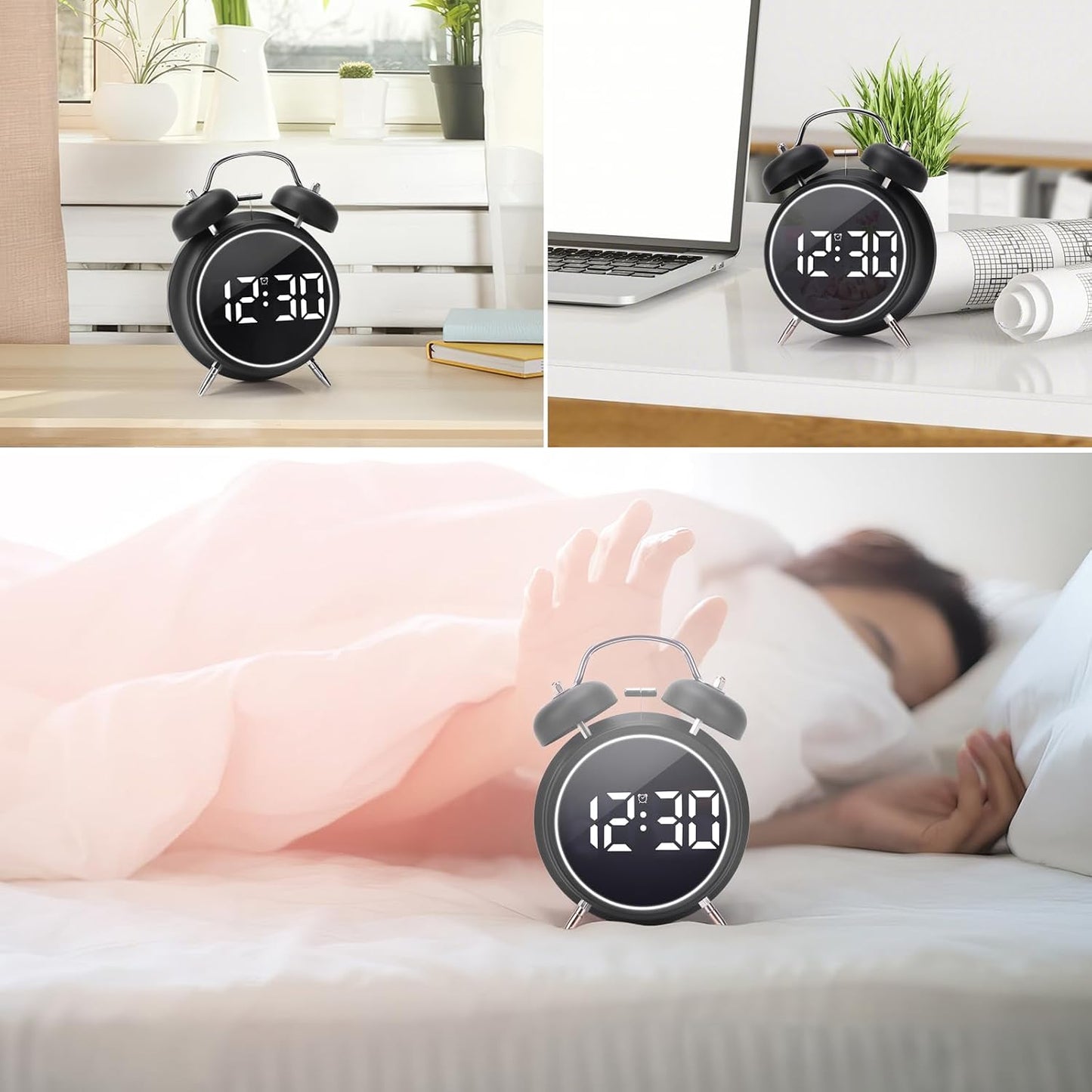 Digital Small Alarm Clock, 4.5 Inch Double Bell Electronic LED Alarm Clock, Plug in or Battery Operated Silent Metal Table Clock, Modern Loud Bedside Clock for Heavy Sleepers Adults Kids (Black)