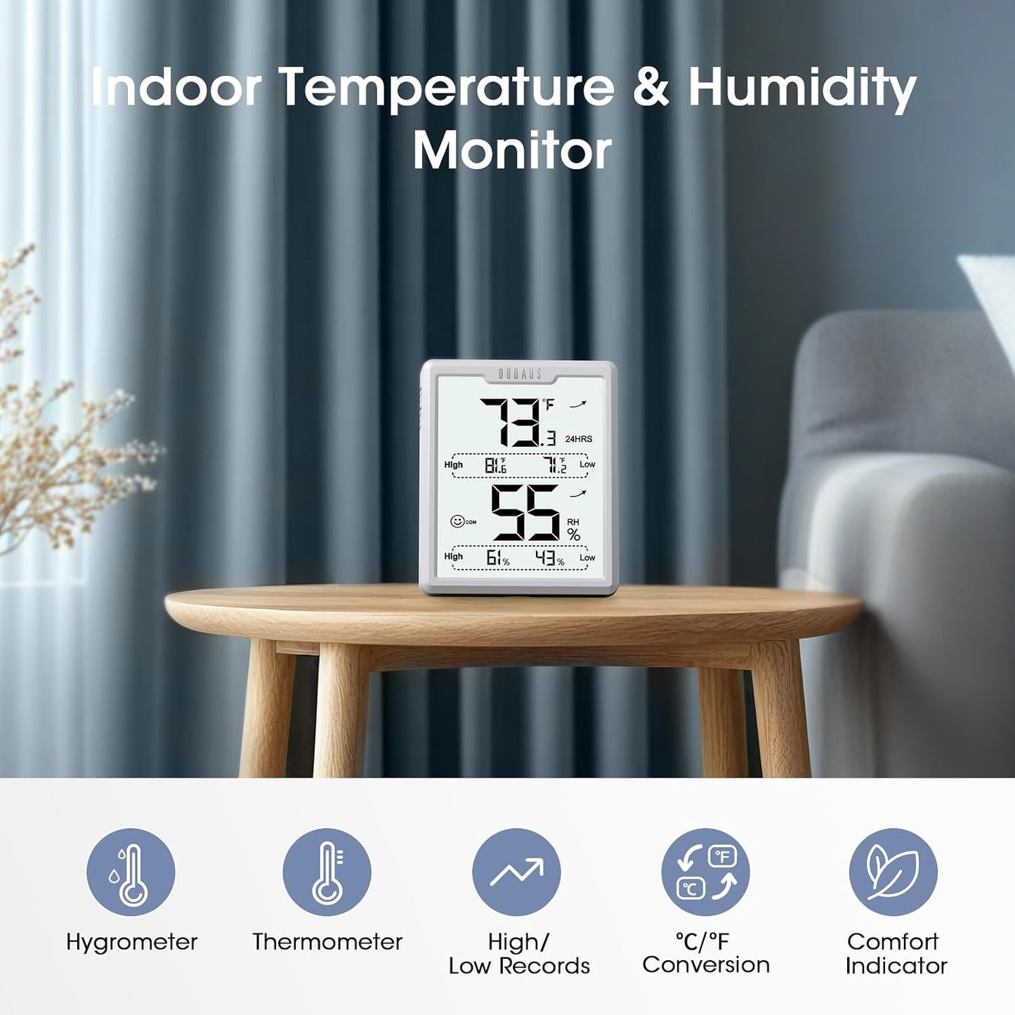 DOQAUS Hygrometer Indoor Thermometer, Temperature Humidity Meter, Black | 3.4in Large LCD Display, Temp Humidity Monitor with Max Min Records for Home, Bedroom, Baby Room, Office, Greenhouse