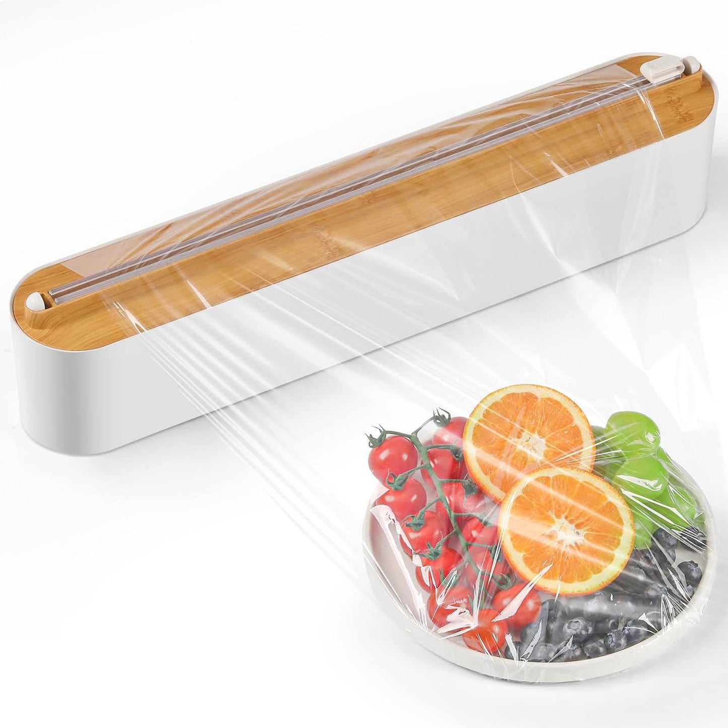 Aluminum Foil & Plastic Wrap Dispenser with Slide Cutter - Magnetic & No-Drill Wall Mount, Cling Film Dispenser for Worktops & Cabinets, Space-Saving Kitchen Organizer - Fits 12" Rolls, White