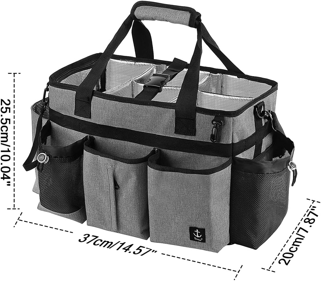 Large Cleaning Caddy Bag Built-in hard plastic sheet Aluminum foil lining | Waterproof nylon, aluminum foil lining, detachable dividers, dual straps for housekeepers