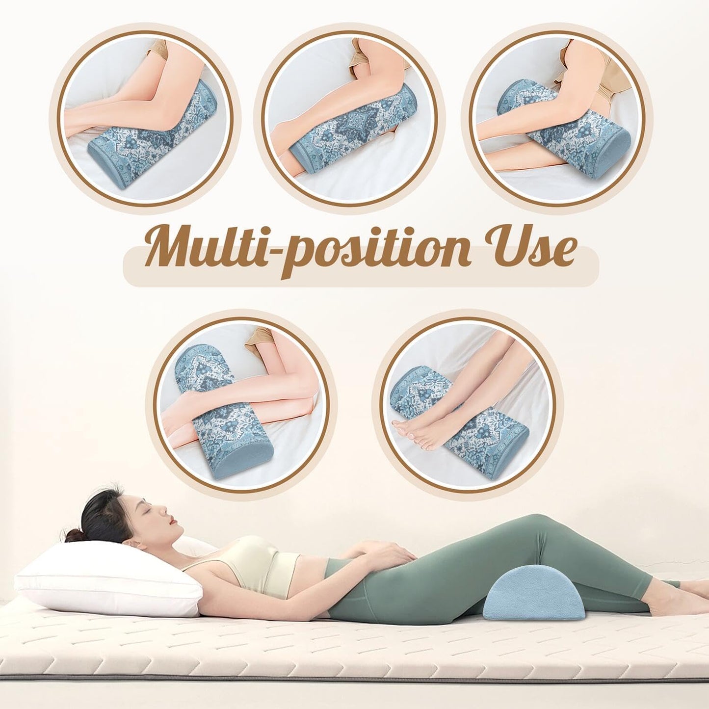 Knee Pillow for Back Sleeping – Half Moon Bolster Pillow for Legs,Under Knee While Sleeping Support, Leg & Back Pain Relief (21.5x9x5 Inches),Machine Washable Cover