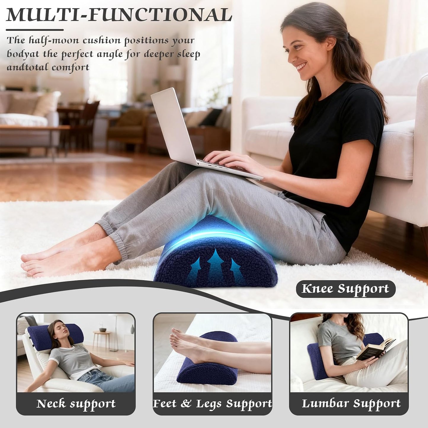 Queekay Recliner Leg Rest Cushion Large Half Moon Bolster Pillow 22.8 x 9.84 x 4 Inch Lumbar Support Pillow Bed Sleeping Semi Roll for Legs, Knees, Lower Back, Ankle and Foot Washable Cover(Grey)