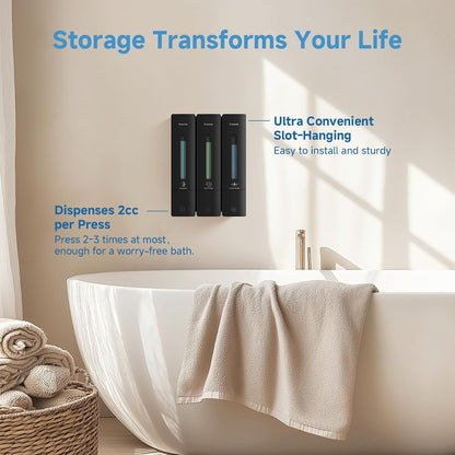 Shampoo and Conditioner Dispenser - Shower Soap Dispenser Wall Mounted No Drill - Shampoo Conditioner Body Wash Dispenser 3 Chamber - Easy Install for Bathroom Hotel Black 1200ml