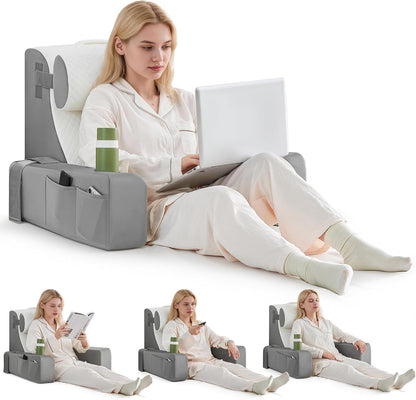 Reading Pillow for Sitting in Bed Adult, Back Pillow for Bed Sitting up with Arms, Pockets and Cup holder, Sit Up Backrest Pillows for Beds Chair Support, Rest Pillow for Gaming (Light gray)