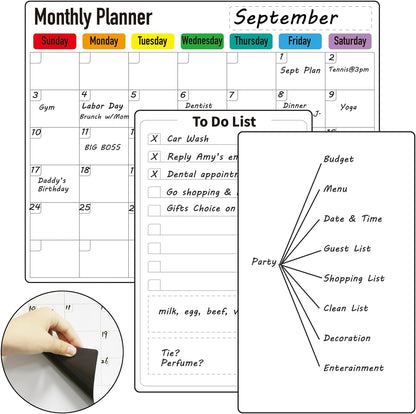 Magnetic Dry Erase Calendar for Fridge: Pack of 3-14.6” x 11.6” Magnetic Monthly Planner + 7.3” x 11.6” To Do List Pad & Fridge Whiteboard
