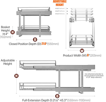 2-Tier Cabinet Pull Out Shelves, 14" W x 22" D, Chrome | Heavy-Gauge Wire Kitchen Cabinet Organizer, 100 lbs Capacity, Ball-Bearing Glides, Min 15" Opening, For Tupperware & Bowls