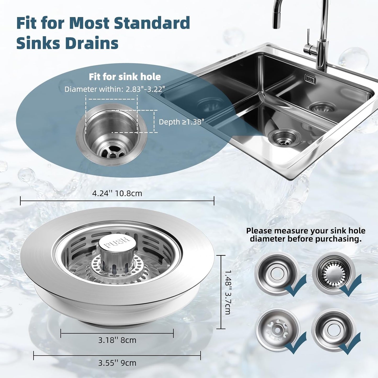 Hibbent 3 in 1 Kitchen Sink Drain Strainer, Metal Pop Up Stopper | Larger Anti-Clogging Basket, 3-Layer Seal, Detachable Sink Drain Plug for US Standard 3-1/2" Drain, Brushed Stainless Steel