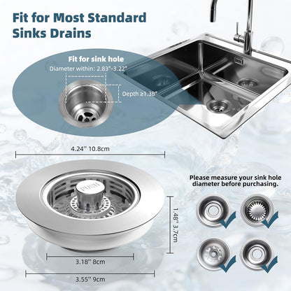 Hibbent 3 in 1 Kitchen Sink Drain Strainer, Metal Pop Up Stopper | Larger Anti-Clogging Basket, 3-Layer Seal, Detachable Sink Drain Plug for US Standard 3-1/2" Drain, Brushed Stainless Steel