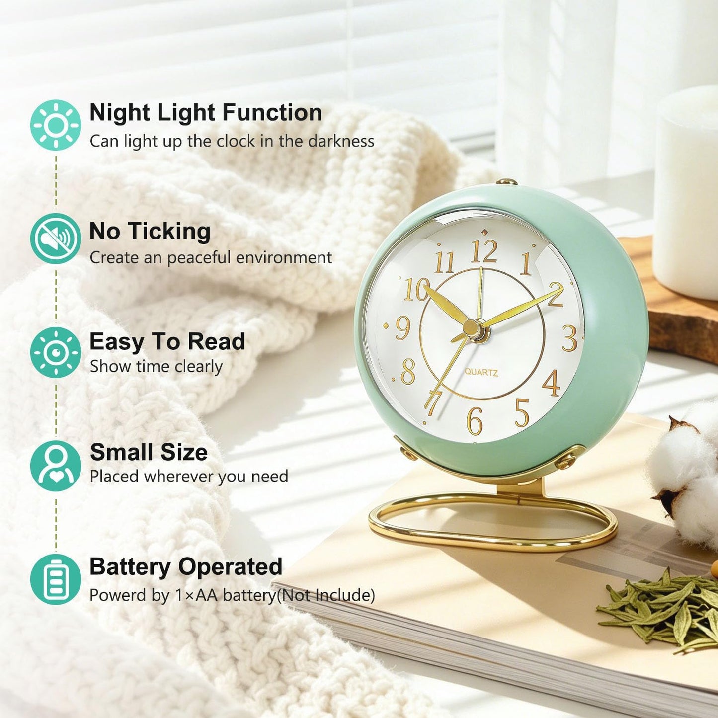Analog Alarm Clock, Retro Small Desk Clock with Night Light, Backlight Cute Simple Design, Silent Non-Ticking, Battery Powered, Clock for Bedroom,Travel,Kitchen,Bedside Desktop Decor
