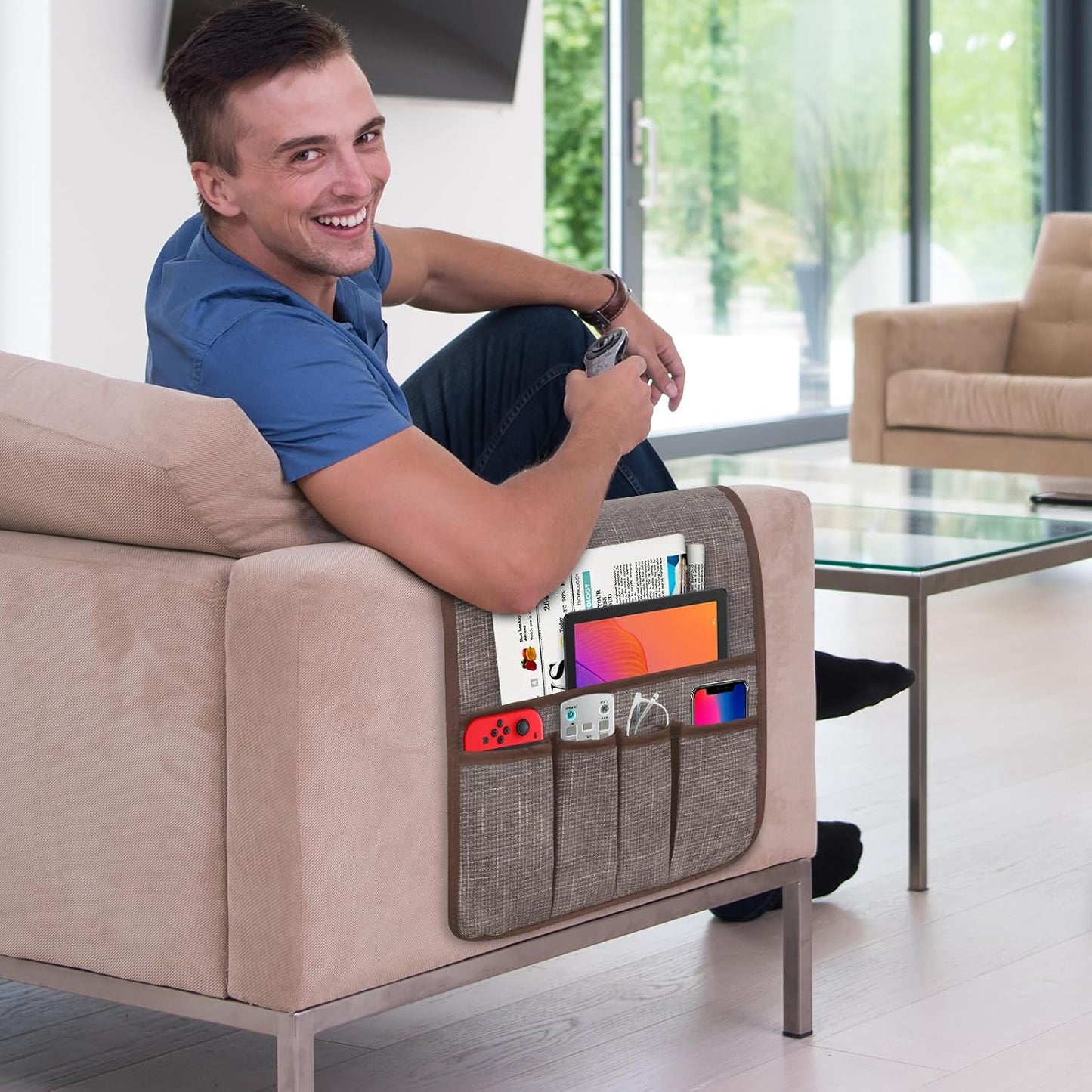 Remote Control Holder, Anti Slip Armchair Caddy Couch Caddy with 5 Pockets | Remote Holder Couch Caddy with 5 Pockets for Storage Accessories Bedside Organizer Senior Gifts (Beige,35''x12.4'')