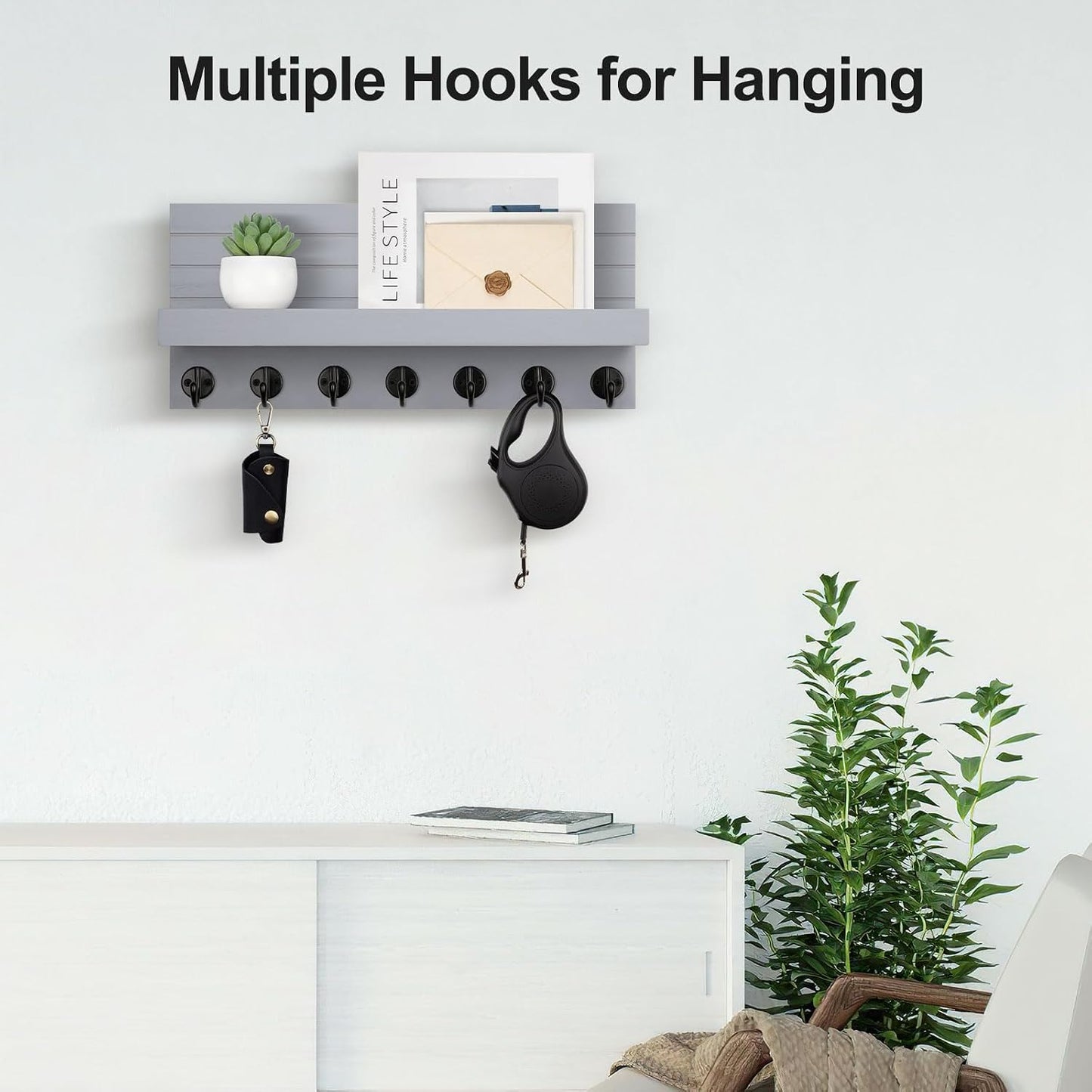 Lwenki Key Holder Wall Mount, Entryway Key and Mail Holder with 7 Sturdy Hooks for Sunglasses, Dog Leash, Decorative Wall Shelf with Mounting Hardware, 15”W x 6.7”H x 4.2”D